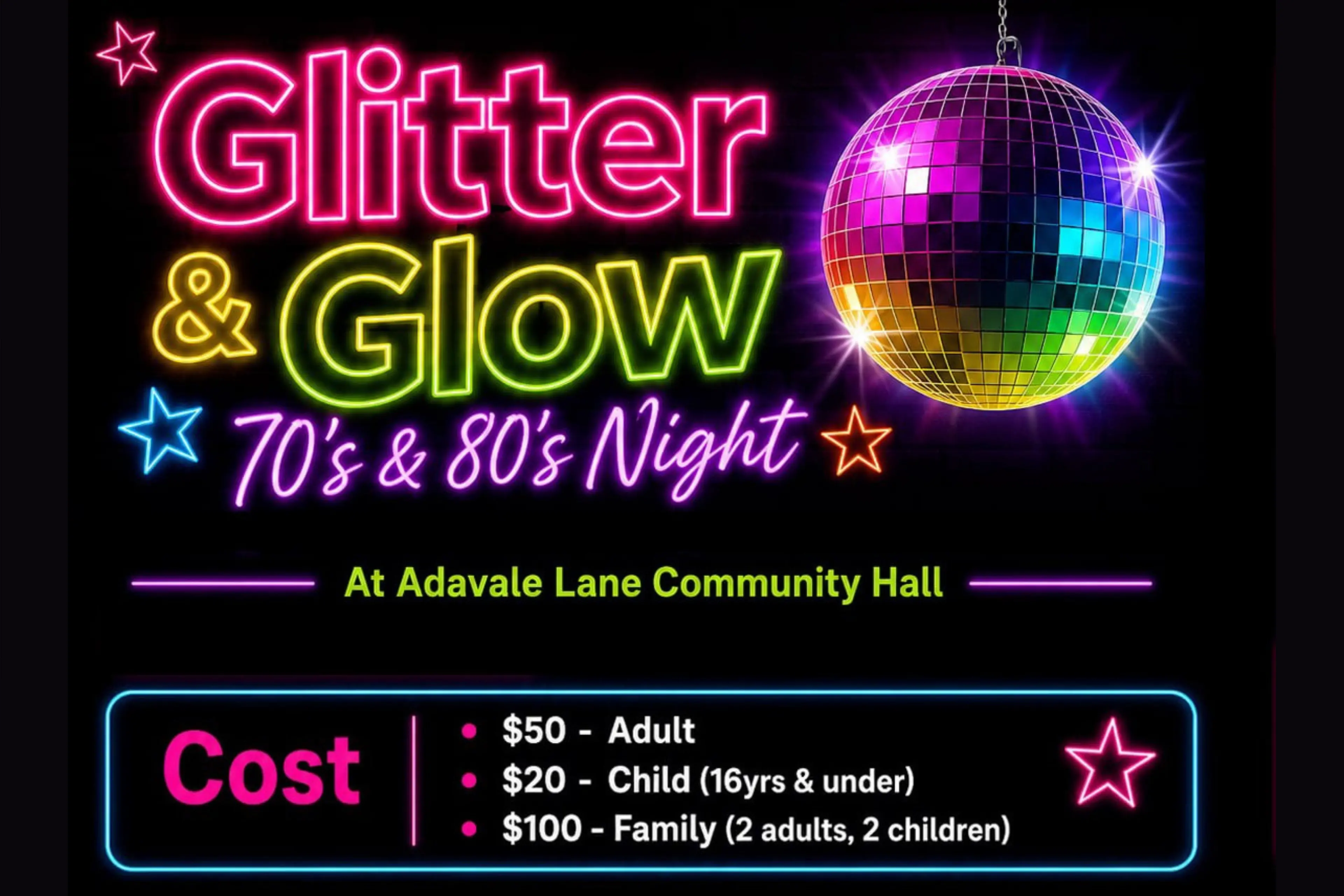 <p>Organisers of the upcoming Glitter and Glow 70s and 80s night at Adavale Lane Community Hall invites the Parkes Shire community for a fun night out.</p>\\n