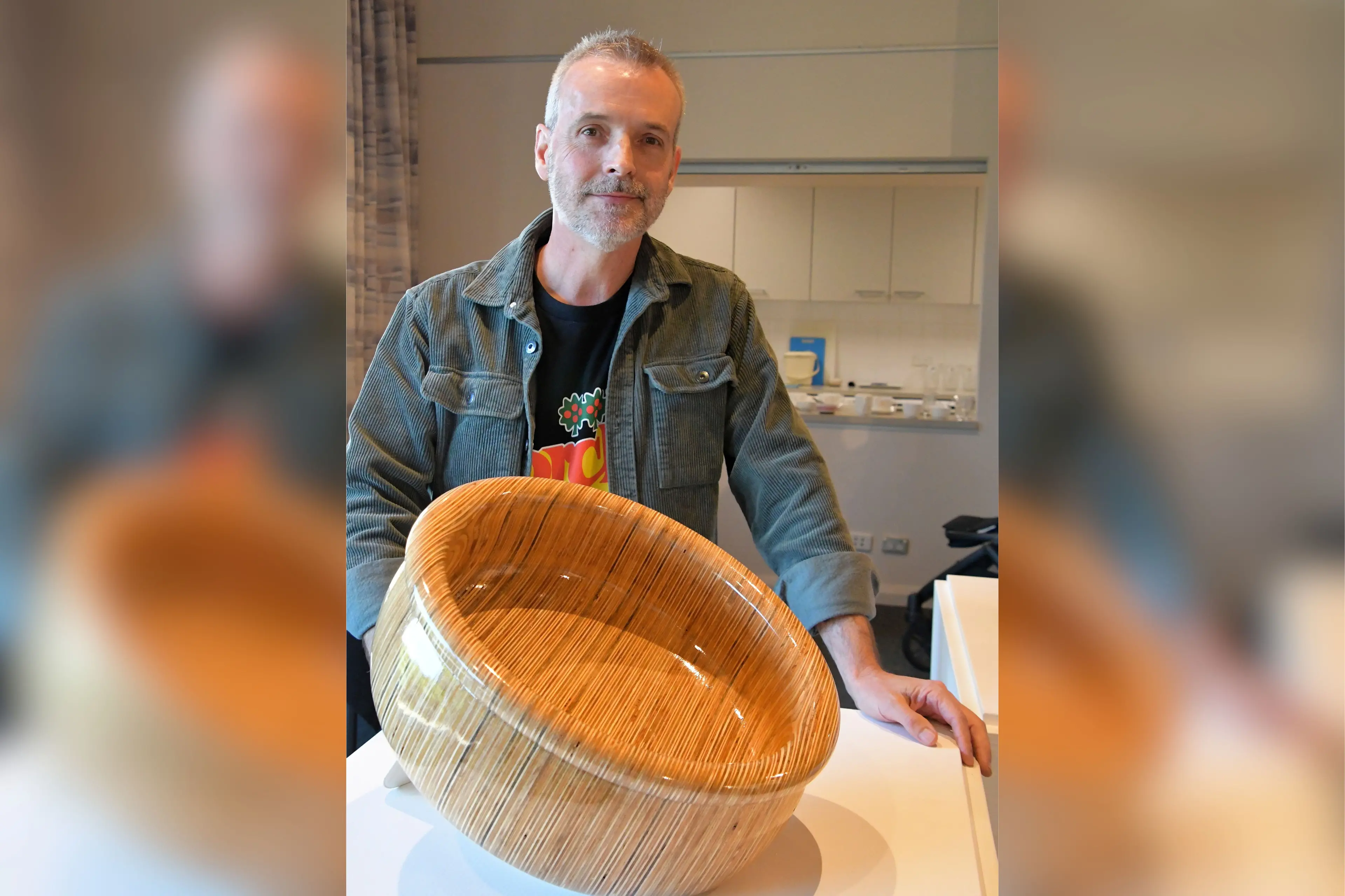 <p>Peter Hannelly won both the local and regional Open Functional section with his Ply Another Day turned plywood bowl. PHOTO: Jenny Kingham</p>\\n